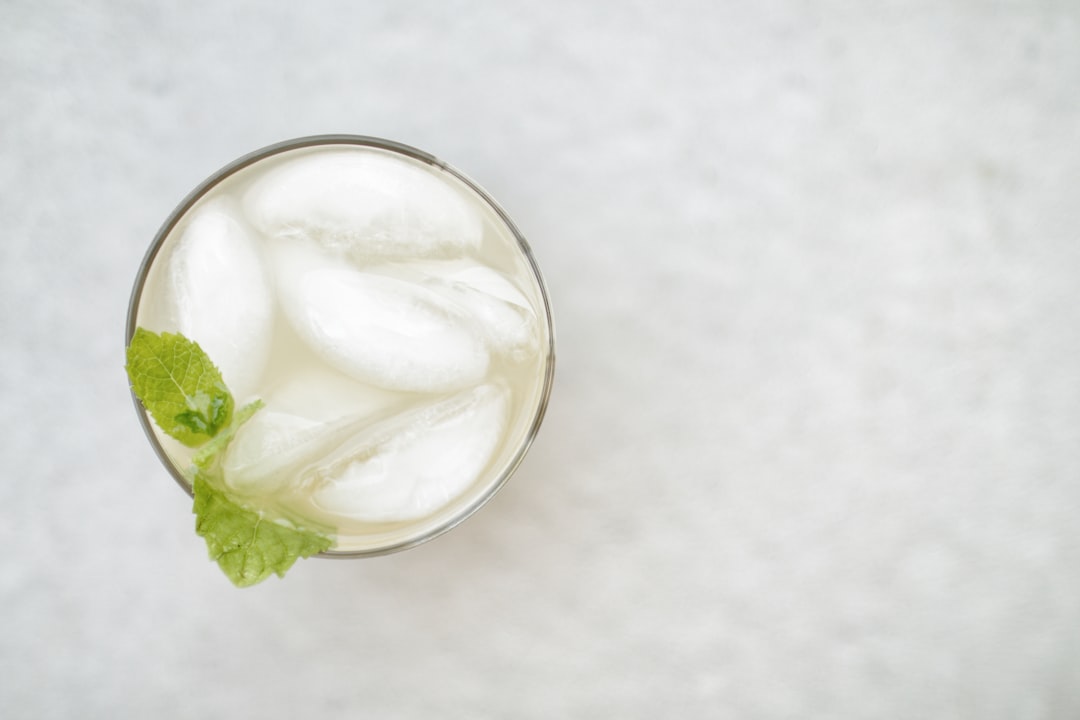 a top-down photo of a glass of greenish liquid with ice and green leaf garnish, by https://unsplash.com/@brianna_santellan
