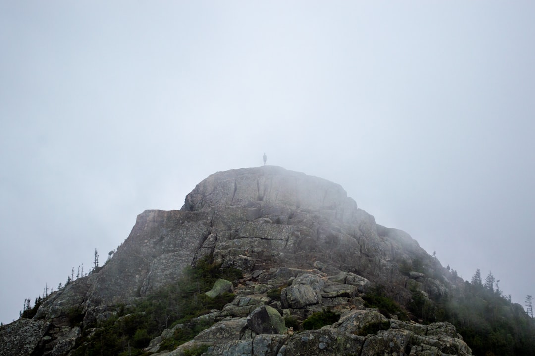 On a foggy mountaintop, the silouhette of a person is discernable