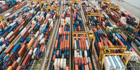 Aerial view of containers at a big port.